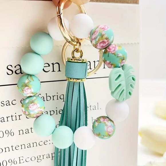 Mint Green Silicone Bead Stretch Bracelet Keychain with Tassel Bag Charm - Picture 1 of 2